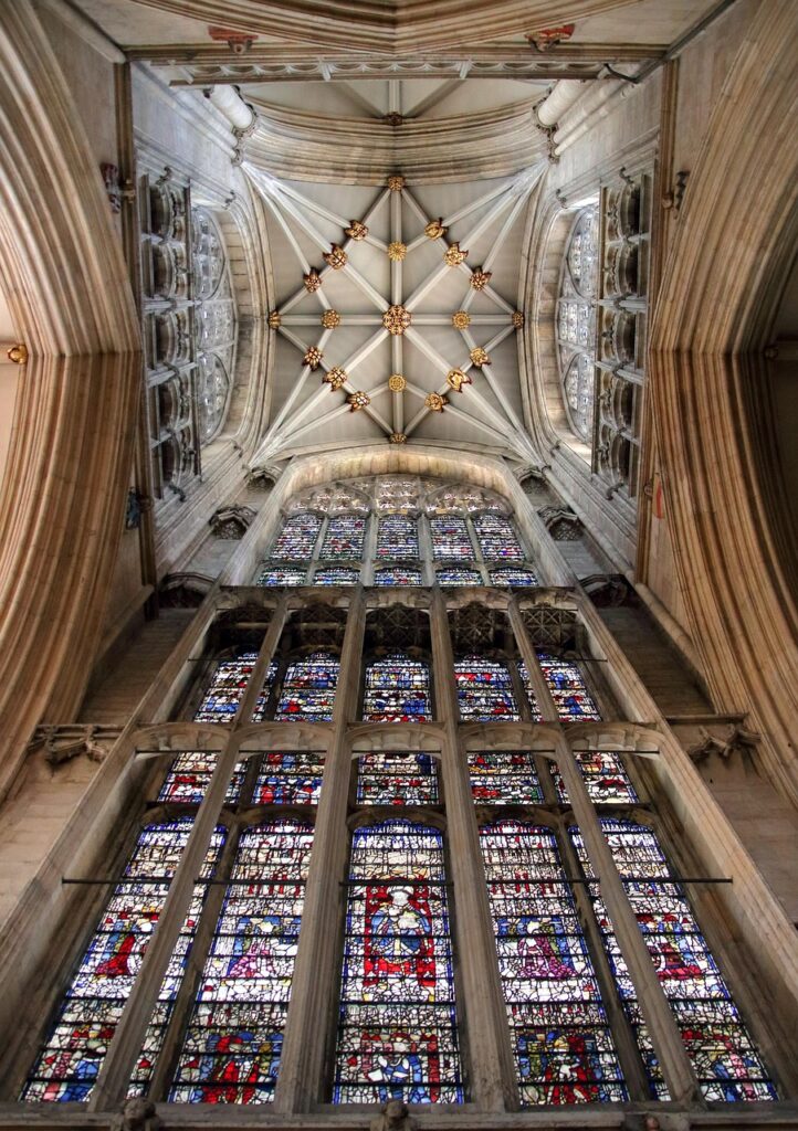 Church ceiling full of stain glass windows