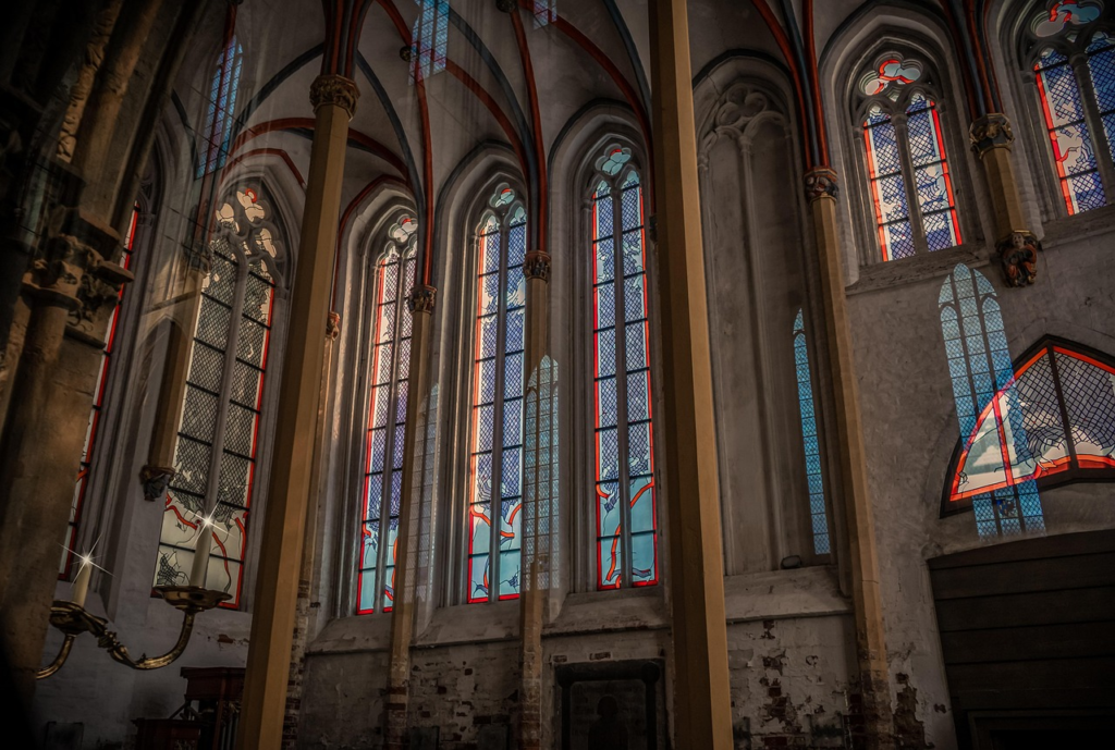 Chruch wall full of stain glass windows